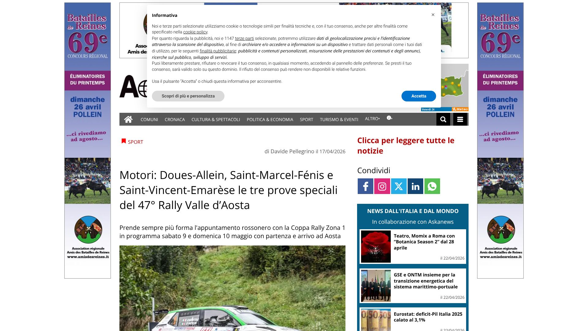 Motori: Doues-Allein, Saint-Marcel-Fénis e Saint-Vincent-Emarèse le tre prove speciali del 47° Rally Valle d'Aosta